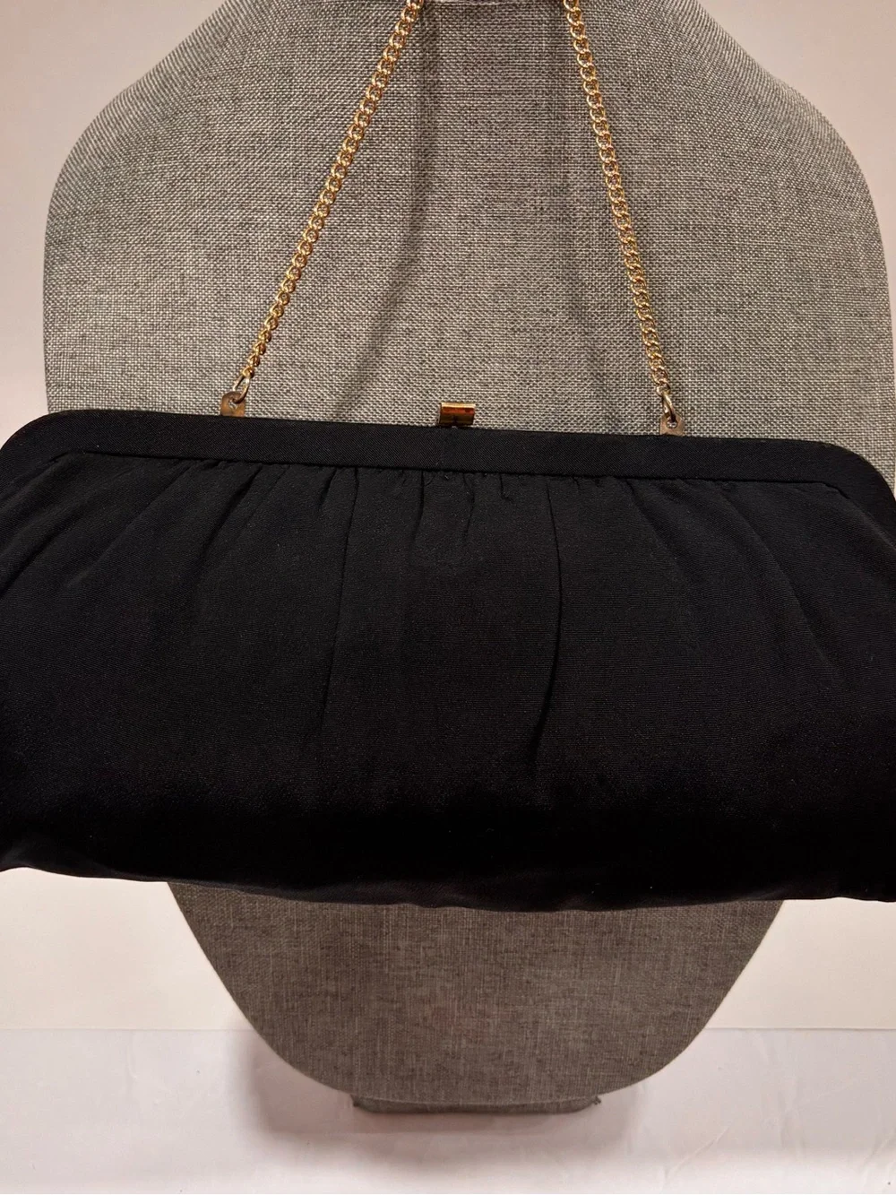 Vintage 1950/60 Faille Black Evening Clutch Gold Foldaway Chain Kiss Lock